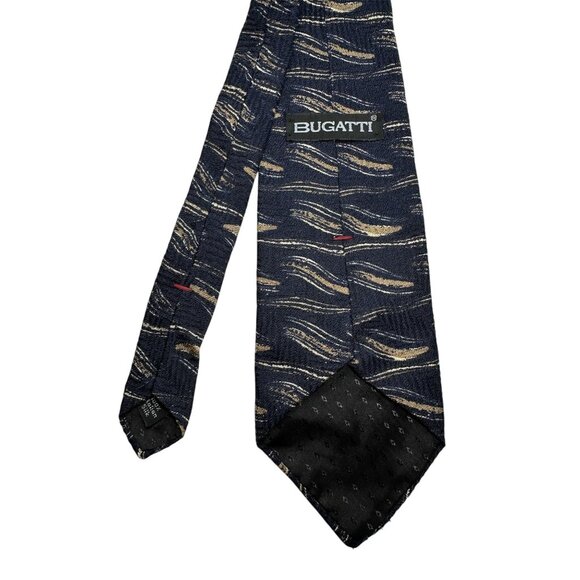 Bugatti Mens Silk Tie Navy & Gold Wave Pattern Made In USA - Picture 4 of 7